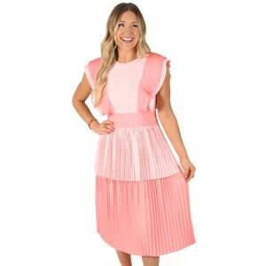 NWT Emily McCarthy Chloe Dress Rose Petal Pink Pleated Midi Length Womens Large